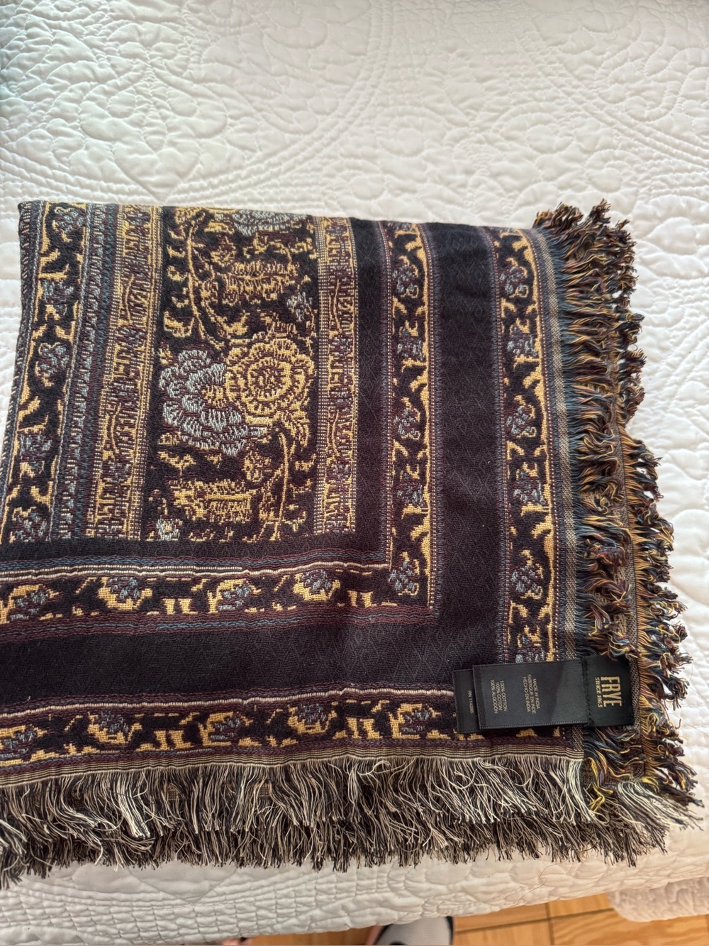 Frye Black and Gold Patterned Woven Throw with Fringe